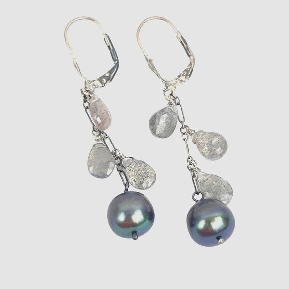 Sterling Silver Drop Earrings With Olive Grey Black Pearls and Labradorite Stone - Picture 4 of 9